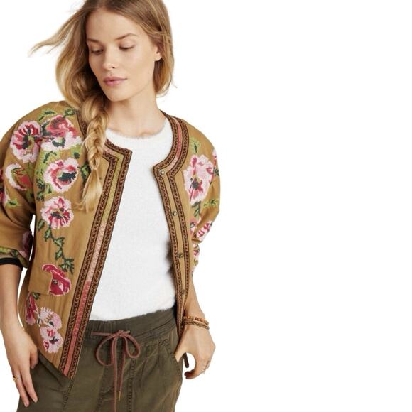 Anthropologie Needlepoint Floral Bomber Jacket Size 2XS Petite Khaki Beige Twill - Picture 2 of 7